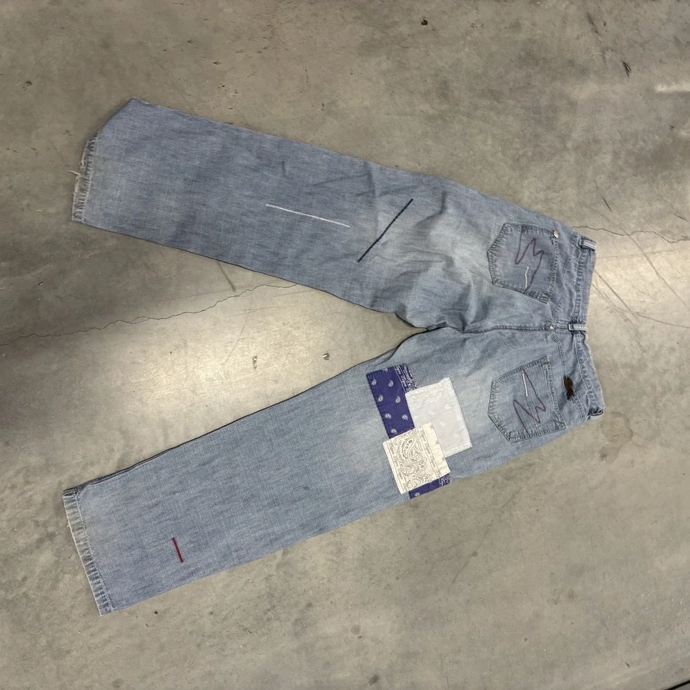 A.Tiziano Mens Patchwork Bandana Denim Jeans Blue Size 34